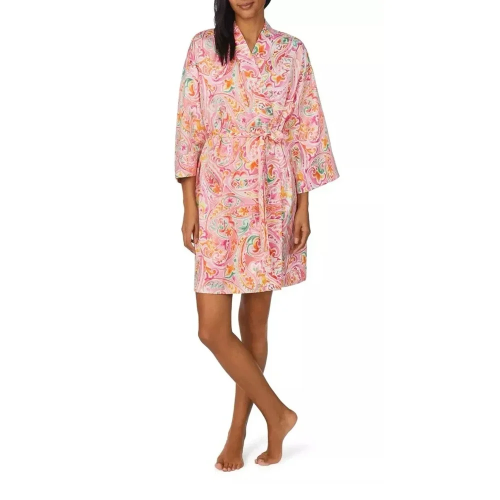 Lauren Ralph Lauren Women's Size L Satin Paisley Print‎ Robe Pink Belted Pockets
